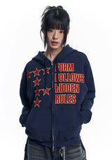 Star Lettering Patch Hoodie Zip-Up - Navy
