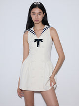 rirri 2025 Spring-Summer Sailor Collar Slim-Fit Bow Waist Dress