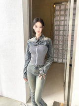 1089. Shirring denim slim boots cut pt (2color)