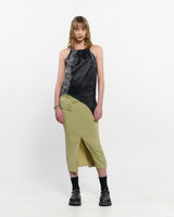 シャーリングレイヤードスリットスカート _ OLIVE GREEN