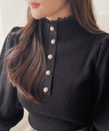 Levin Puff Pearl Button Frill Lace Turtleneck Knit