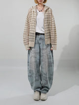 (UNISEX) メッシュストライプクロップドジップアップニット