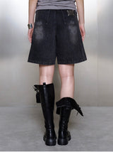 PRESET CROSS LEATHER PATCH DOUBLEKNEE BERMUDA DENIM PANTS UNISEX (2COLOR)