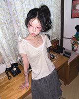 (3color) Lace Stripe Hood Short Sleeve Tee