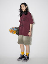 ダークワインレッドドラムキットウォッシュ加工ヴィンテージ半袖Tシャツ