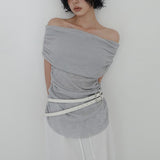 [Arid] Golgi Shirring Short Sleeve Off Shoulder Knit -4color