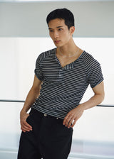 シアーストライプリベッドヘンリーハーフスリーブ((Black)