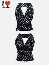 dot halter sleeveless V-neck top