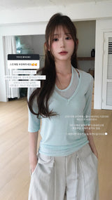 slow halter layer 3/4 sleeve top