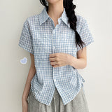 Hbit Sleeve Roll-Up Side Line Shirring Check Short Sleeve Blouse (3 colors)