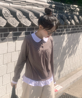 ラウンドカラーストライプフリルTシャツ