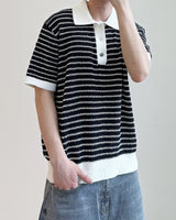 Windy Buckle Stripe Collar Short Sleeve Knit