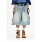 Leopard Bermuda Denim Pants - Light Blue