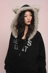 eat me plz* Cathy Cat Ear Fur Fleece Hoodie for Autumn-Winter Warmth Jacket
