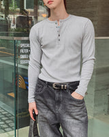 Kanden Ribbed Henley Neck Slim Long Sleeve T-shirt
