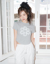 DELAY OFF レースクロップTシャツ (メランジグレー)