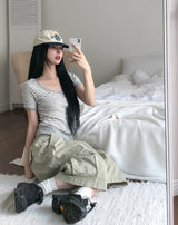 Tiny Stripe U-neck Elbow Length T-shirt