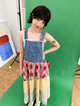 Chemical Girls Elastic waist A-line denim patchwork long strap dress