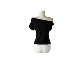 Miu Lettering Off-Shoulder Shirring Short Sleeve T-Shirt