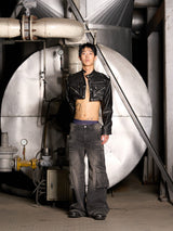 Leather Crop Cargo Jacket (Black)