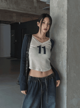 11 Vネックカラーマッチングラグラン長袖Tシャツ