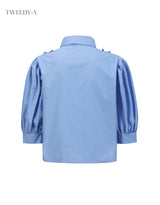 Ravina frill detail puff sleeve blouse blue