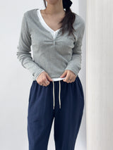 ヘイル リブボタンVネックレイヤードインナー長袖Tシャツ