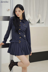 Navy Pleats Gold Shirt Wedding Guest Dress