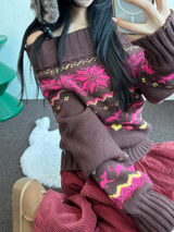 オフショルダー & リップラウンドネックツーウェイノルディックニット🩷🤎🖤2カラー