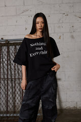 レタリングオーバーサイズワンショルダーTシャツ-ブラック