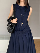 Navy Pleats Wrap Long Sleeveless Dress