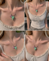 Mint Heart Butterfly Beads Pendant Necklace