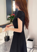 Sebit Heart-Neck Tulip Tweed Flared Long One Piece