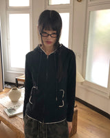 [MADE] Cooming Lace Panel Pocket Two-Way Long-Sleeve Hoodie Zip-Up