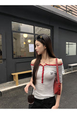 Red Line Stripe Off-Shoulder Top