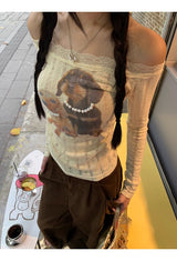 ドッグビーズレースオフショルダー長袖Tシャツ