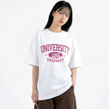オーバーフィットクルーネックユニバーシティカーモ半袖Tシャツ ホワイトピンク