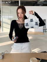 ブラックストラップポイントロングスリーブスリムTシャツ