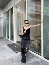 Vintage lace patch black denim pants