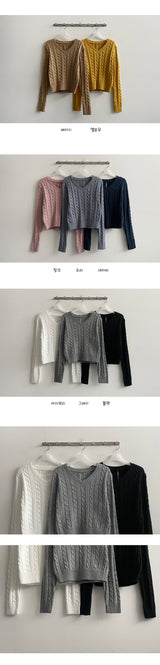 [Choose round neck/V-neck!] ベルモントムセミクロップケーブルニット (8 colors)
