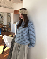 クロヘアリーボーダーヘンリーネックニット