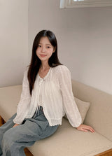 #Autumn Lace Ribbon Long Sleeve Blouse (2color)