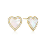 gold mother-of-pearl heart round stone 14k gold plating + 925 silver earrings E071-03G