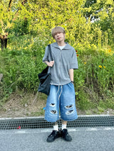 Double destroyed denim bermuda pants 1C