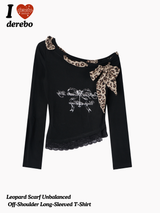 Leopard Scarf Unbalanced Off-Shoulder Long-Sleeved T-Shirt