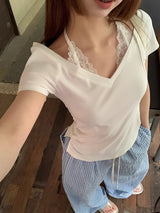 ホワイトレースホルターレイヤードショートスリーブTシャツ