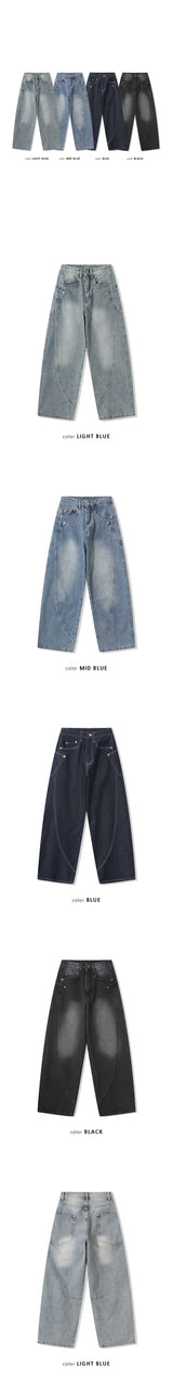 [Unisex] ウェーブウォシュドワイドデニムパンツ(4color)
