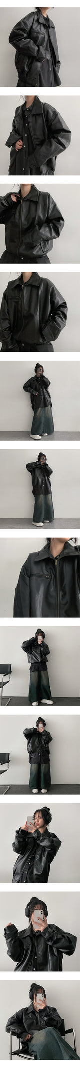 STS ジッパー オーバーサイズ フィット カラー レザー ジャンパー