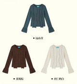 イレギュラーカラーブロッキングフレアドスリーブ長袖ニッティドTシャツ