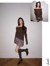 Deep Brown V-neck Off-Shoulder Long-Sleeved Top